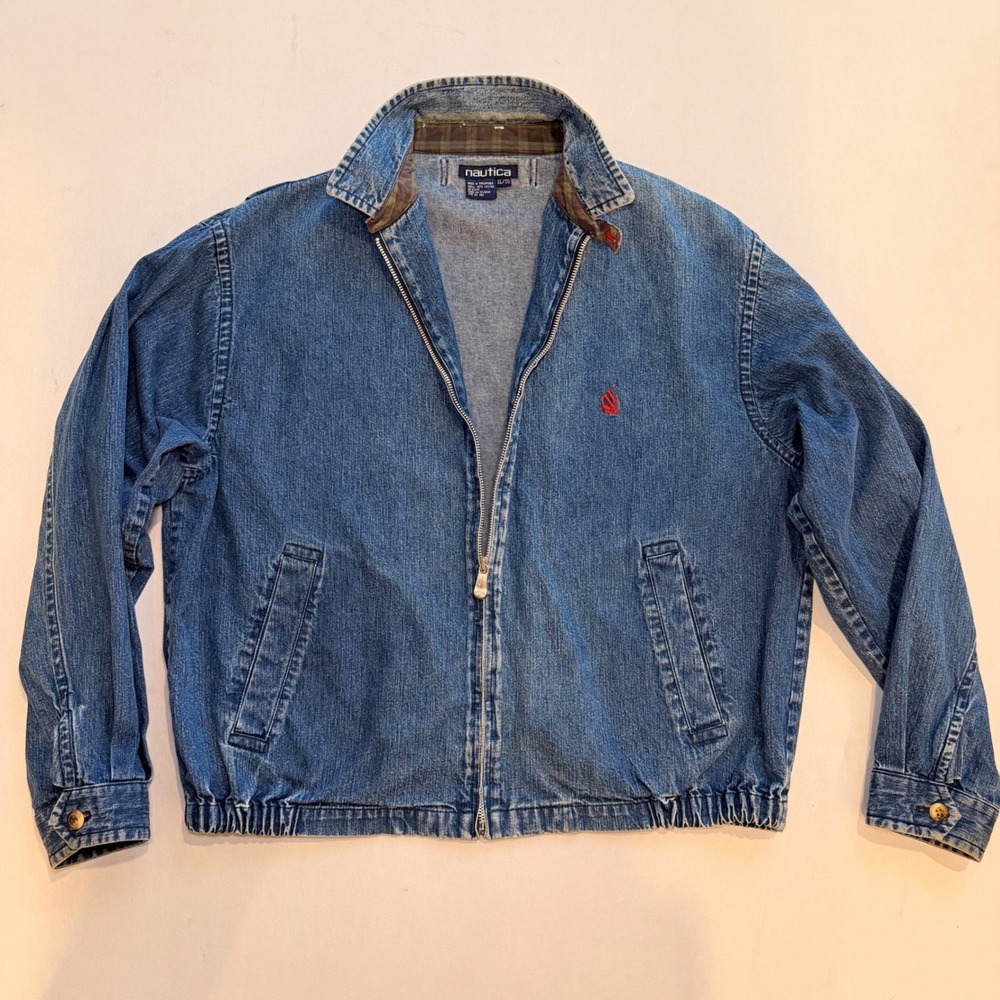 VTG Nautica Jacket Mens XL Denim Harrington Blue Cotton Plaid Trim 90s